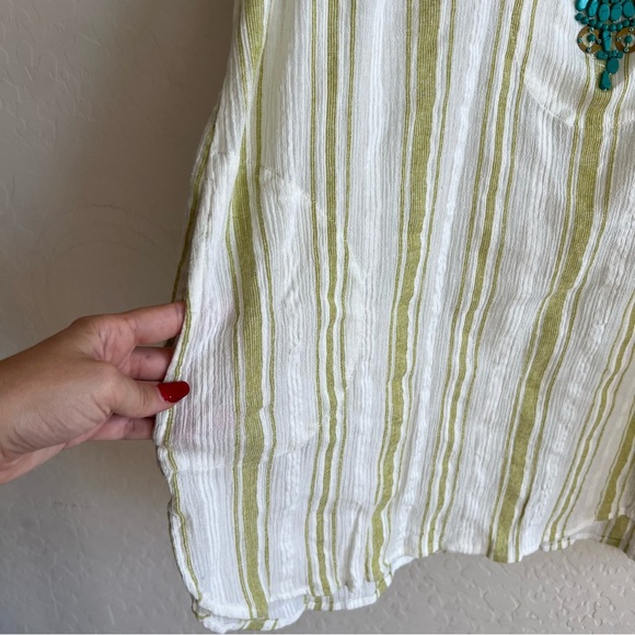 Soft Surroundings Elisha Tunic Green Striped Turquoise Bead Trim Gauze Top - Picture 6 of 7